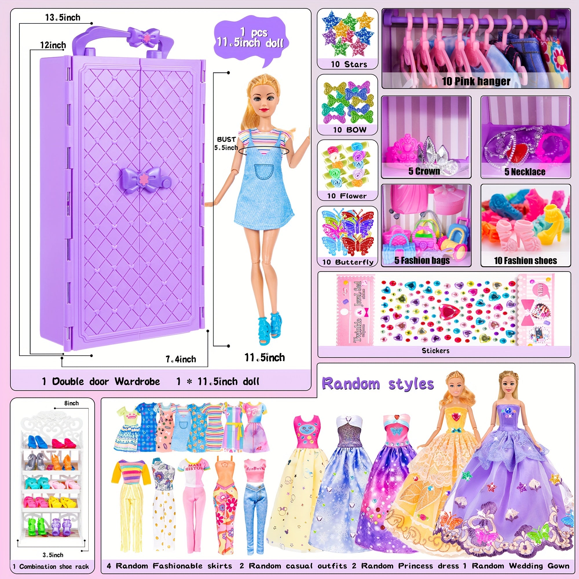 91 pièces de mode pour poupée de 11.5 pouces avec accessoires et placard, robes de princesse, robes à la mode, tenues, maillots de bain, chaussures, cintres, jouets d'habillage de poupée pour filles enfants tout-petits cadeaux de jouets