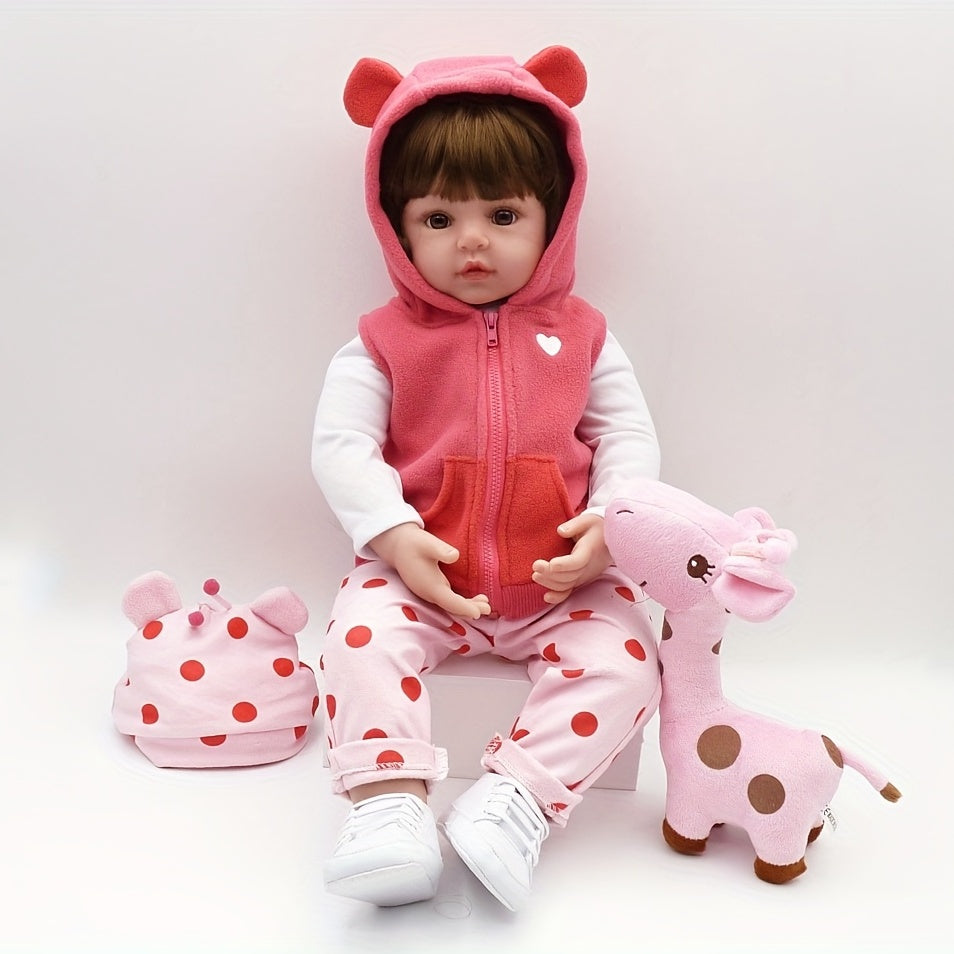 Poupée Reborn en Vinyle Souple de 19 Pouces\u002F 48cm, Jolie Bébé Fille avec Perruque et Vêtements Roses, Cadeau pour Halloween\u002F Thanksgiving\u002F Noël