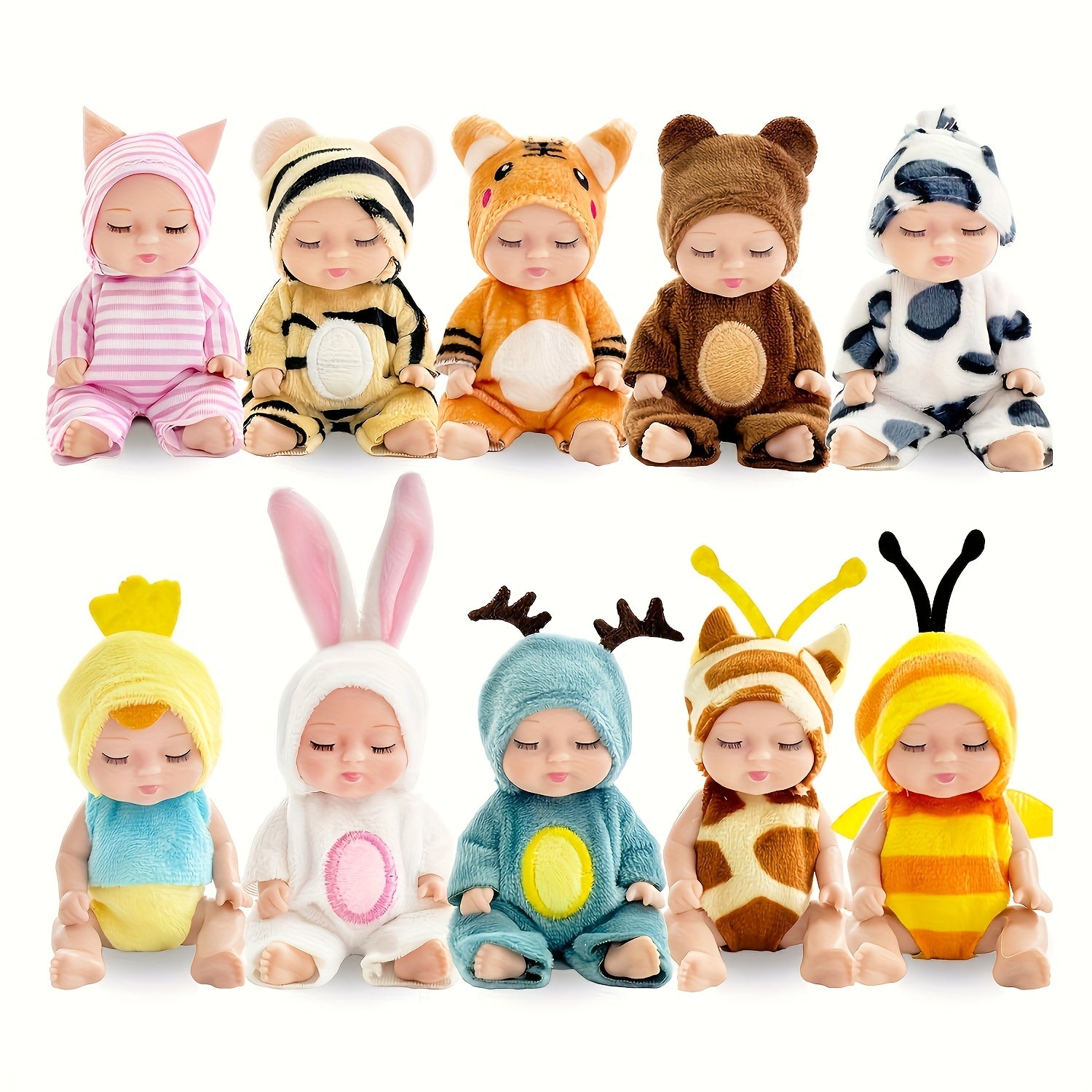 Lot de 10 Poupées Mini pour Jeunes Filles, Poupées Costumes Animaux Réalistes de 4 pouces, Mignonnes Poupées pour Fillettes, Panier Cadeau d'Anniversaire de Pâques, Saint-Valentin, Noël - Couleurs Variées