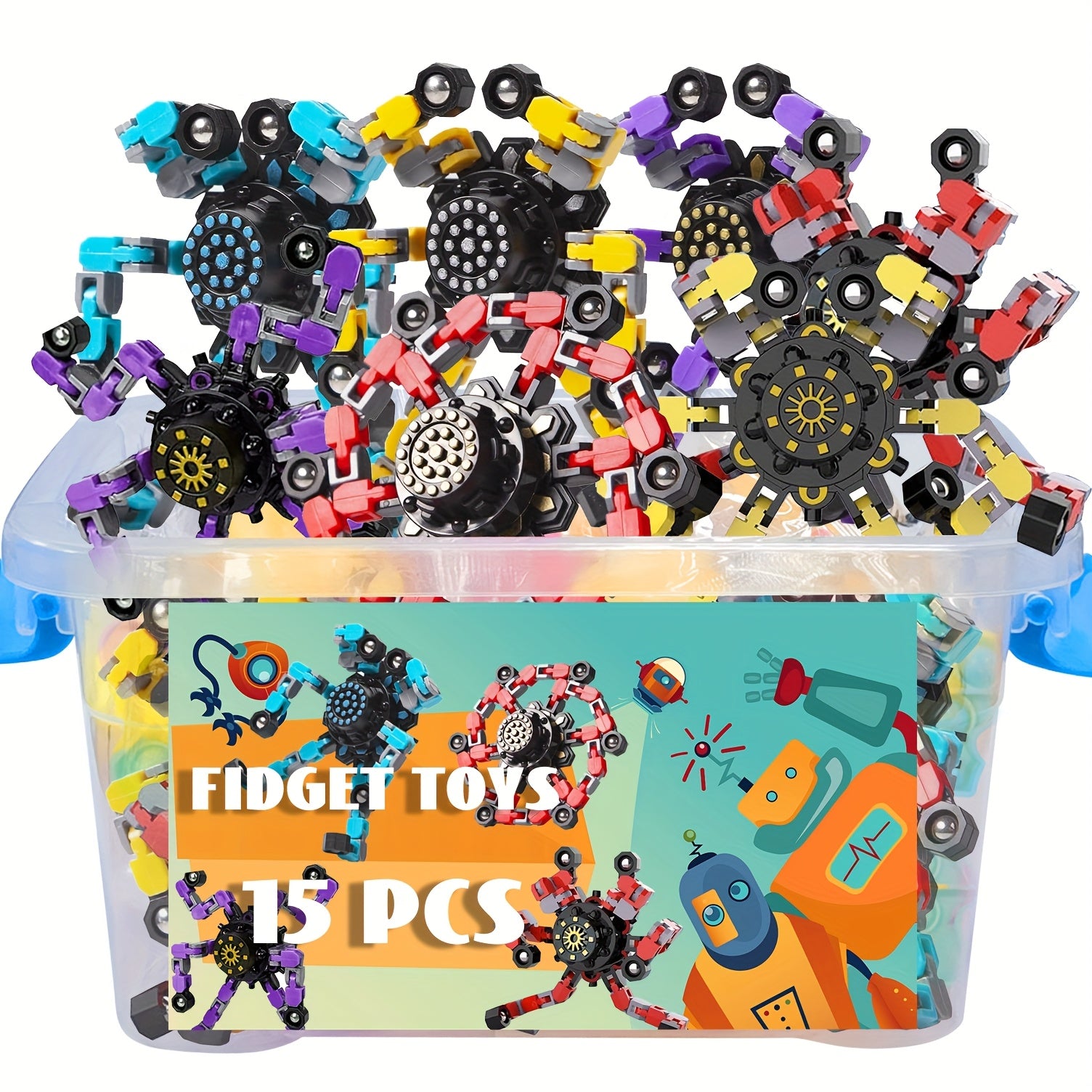 15pcs Jouets Fidget Spinner Transformables - Twister Mécanique en Spirale, Tour de Création, Jouets à Main pour Soulager le Stress, Cadeaux de Fête et d'Anniversaire, Pas Besoin de Piles, Design Joufflu avec Cœurs, Étoiles et Espaces Navals, Jouet Fidget