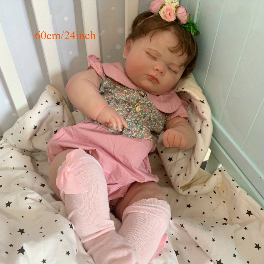 23,62 pouces Poupée Bébé Reborn Rose Endormie, Membres en Vinyle Peau 3D, Veine Vasculaire Réaliste, Poupée Princesse Enfant, Corps en Tissu Doux, Jouet Maison de Jeu, Cadeau d'Anniversaire Parfait