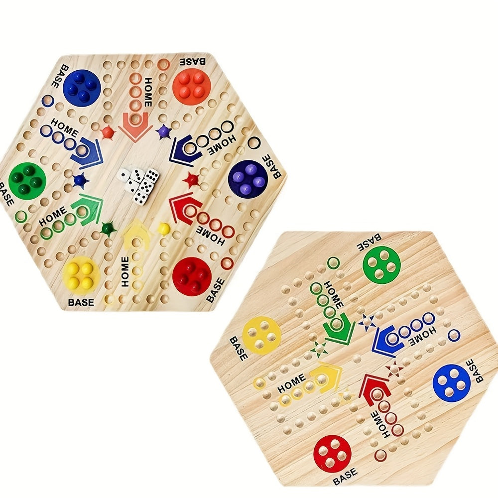 Un Jeu de Société en Bois de Haute Qualité à Double Face, Échiquier Volant pour Fête, pour 4-6 Joueurs, avec 6 Couleurs 24 Billes + 6 Dés, le Meilleur Choix pour les Passionnés de Jeux