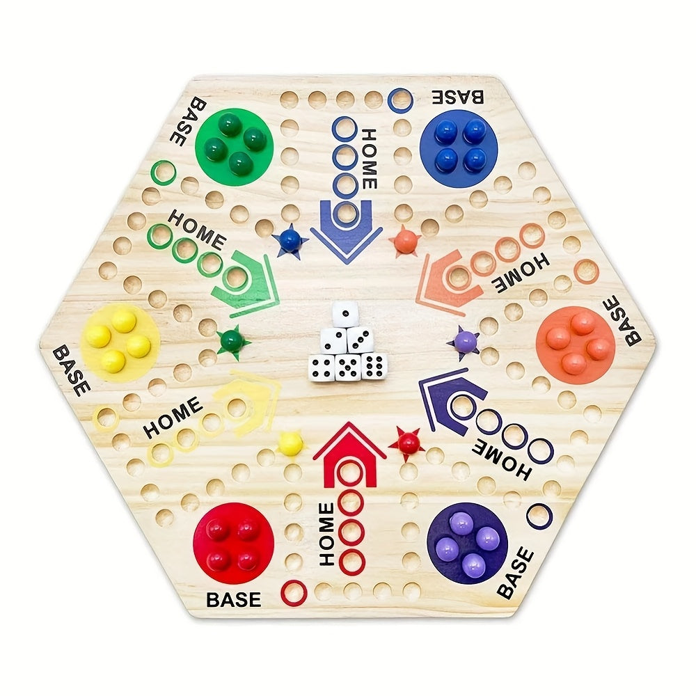 Un Jeu de Société en Bois de Haute Qualité à Double Face, Échiquier Volant pour Fête, pour 4-6 Joueurs, avec 6 Couleurs 24 Billes + 6 Dés, le Meilleur Choix pour les Passionnés de Jeux