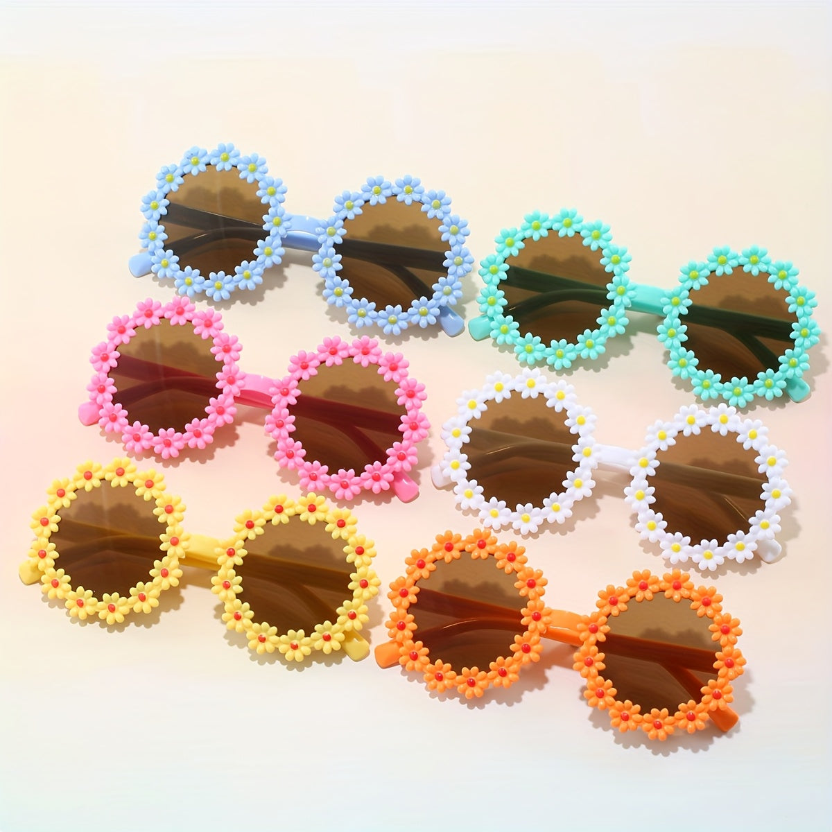 6 paires de lunettes déco mignonnes en forme de tournesol pour enfants unisexes, lunettes rondes en plastique avec verres AC, pour fêtes, remise de diplôme et anniversaire
