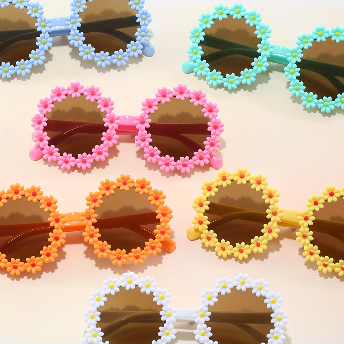 6 paires de lunettes déco mignonnes en forme de tournesol pour enfants unisexes, lunettes rondes en plastique avec verres AC, pour fêtes, remise de diplôme et anniversaire