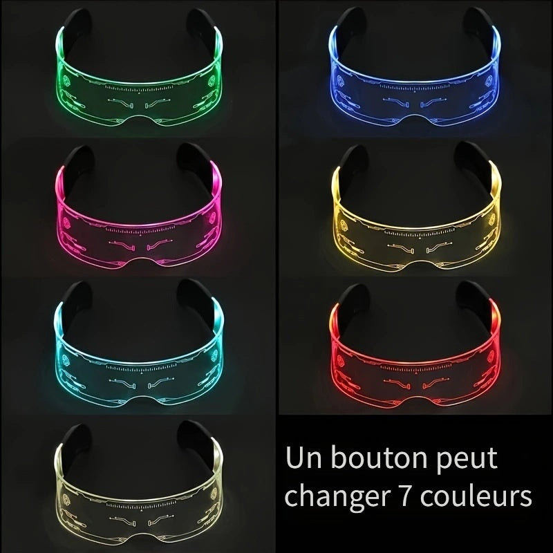 Lunettes LED lumineuses - 7 couleurs style cyberpunk et science-fiction pour soirées, festivals de musique et sorties nocturnes - Monture en plastique résistant