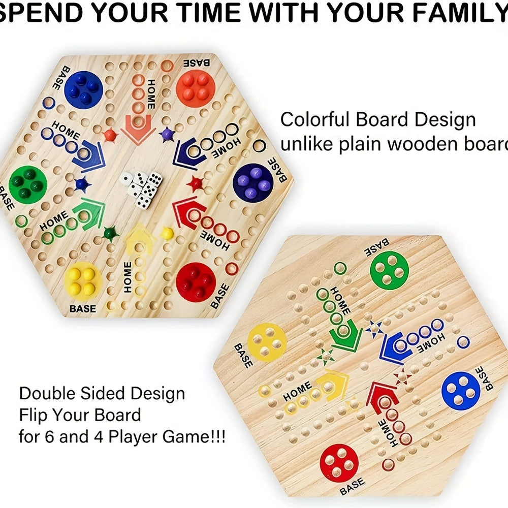 Un Jeu de Société en Bois de Haute Qualité à Double Face, Échiquier Volant pour Fête, pour 4-6 Joueurs, avec 6 Couleurs 24 Billes + 6 Dés, le Meilleur Choix pour les Passionnés de Jeux
