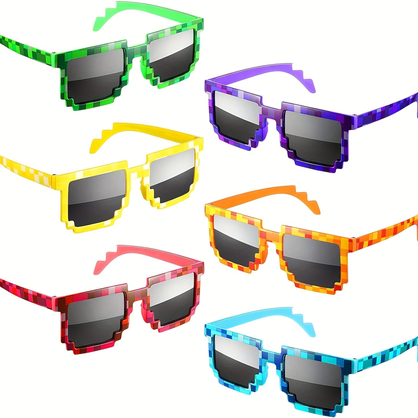 6pcs Lunettes Pixel Colorées - Accessoires de Fête à Thème Mineur & Accessoires pour Photomaton pour Anniversaires et Soirées Gaming - Montures en Plastique Durables en Vert, Bleu, Jaune, Violet, Orange