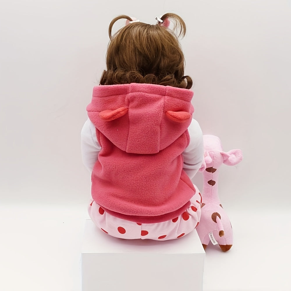Poupée Reborn en Vinyle Souple de 19 Pouces\u002F 48cm, Jolie Bébé Fille avec Perruque et Vêtements Roses, Cadeau pour Halloween\u002F Thanksgiving\u002F Noël