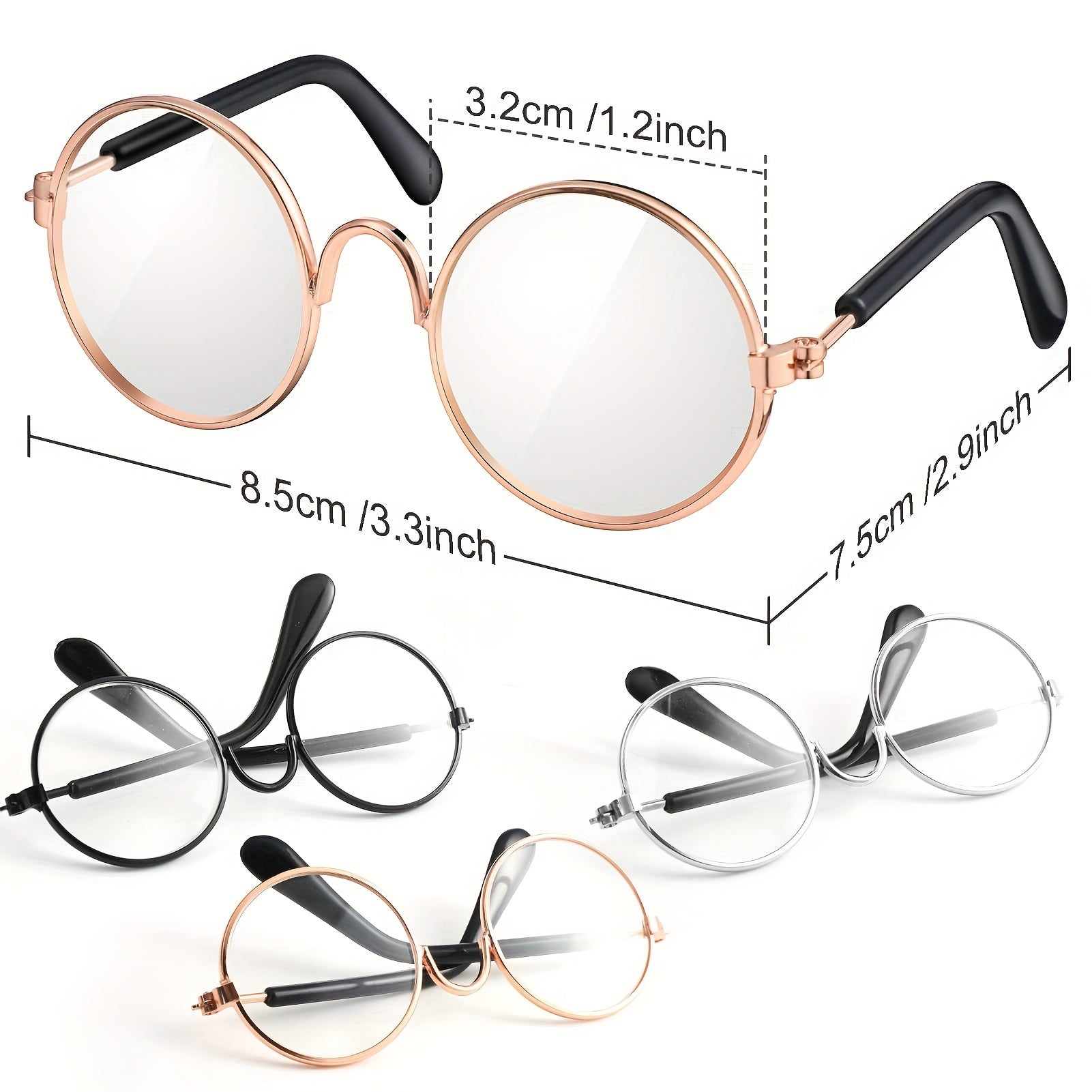 Lot de 3 Lunettes Adorables pour Animaux avec Monture en Fil Métallique & Verres Transparents - Parfaites pour Poupées, Chats, Chiens | Convient aux Poupées de 8\