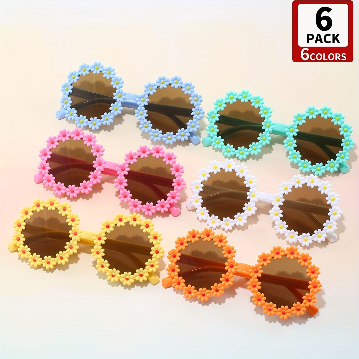 6 paires de lunettes déco mignonnes en forme de tournesol pour enfants unisexes, lunettes rondes en plastique avec verres AC, pour fêtes, remise de diplôme et anniversaire