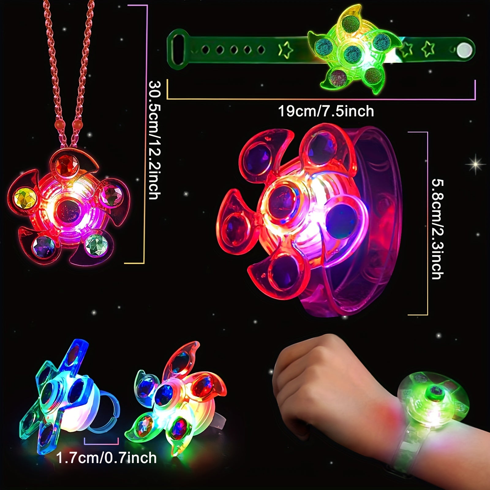 Ensemble de 36 Toupies Lumineuses Pour Fête, Cadeaux de Retour Pour Enfants, Avec 12 Colliers, 12 Bagues, 12 Bracelets. Idéal Pour Halloween, Noël Et Pâques.