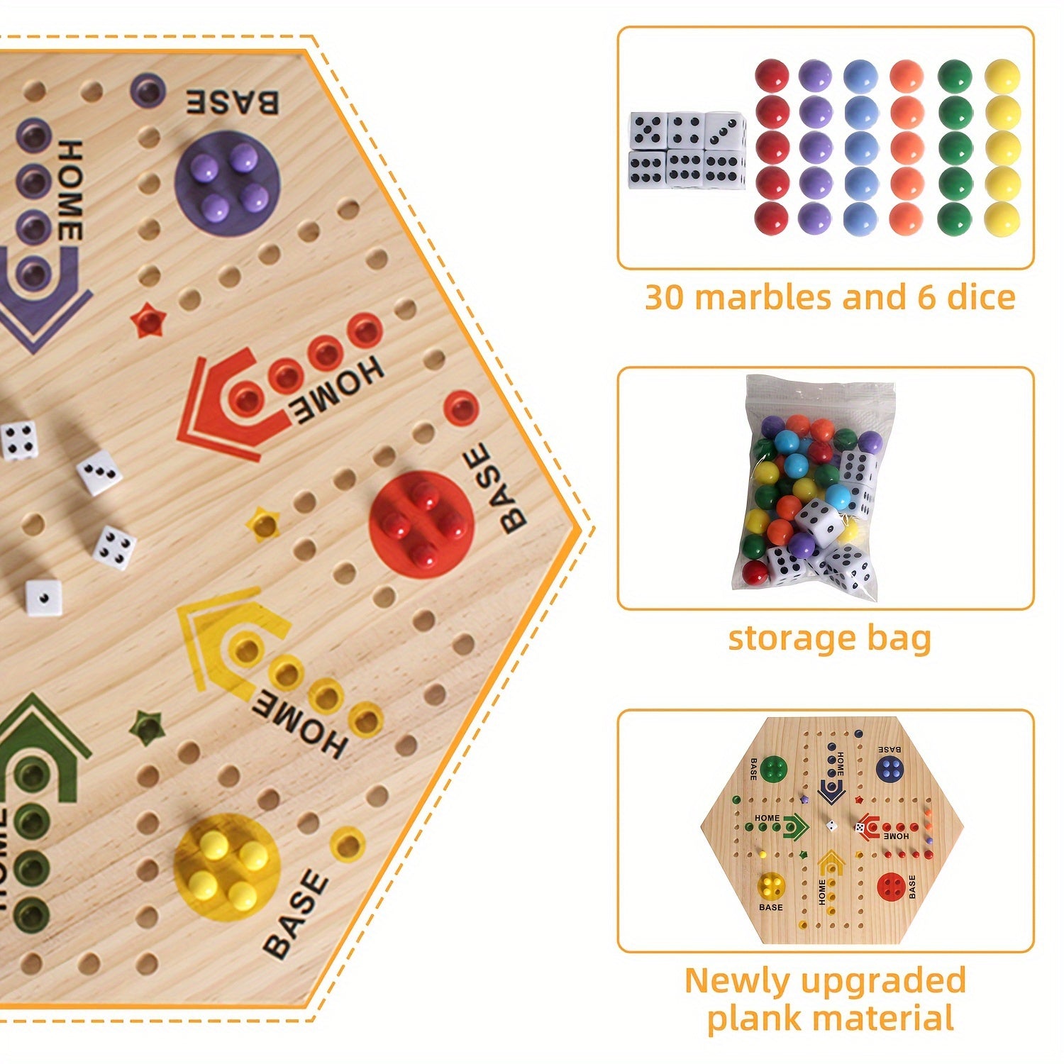 Jeu d'Échecs en Bois 1 pièce, Peint à Double Face pour 2-6 Joueurs avec Échecs Volants et 24 Billes de 6 Couleurs + 6 Dés, Adapté aux Fêtes, Adultes, Famille & Amis