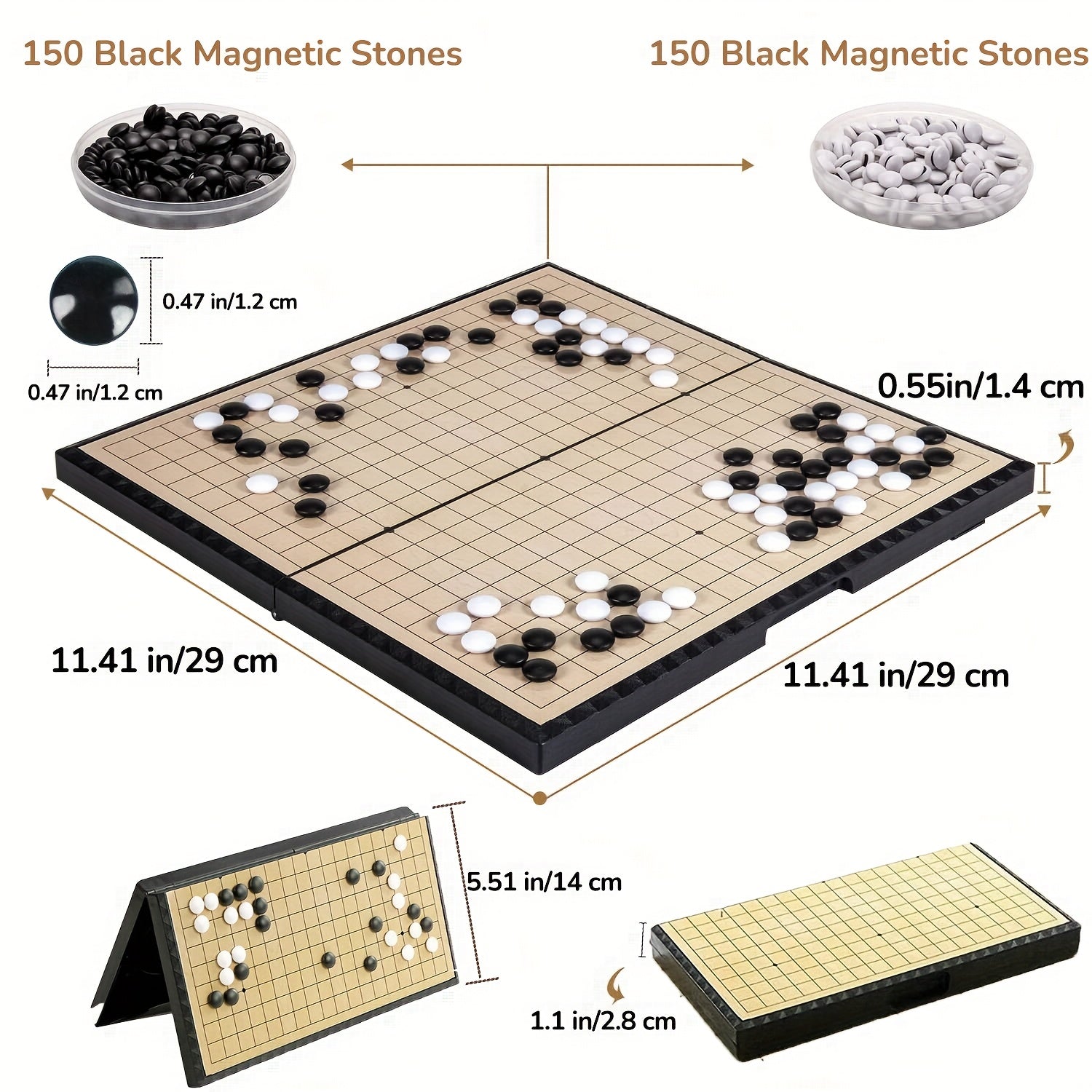 Ensemble de jeu de Go pliable magnétique de luxe de 11,41 pouces avec 19x tableau + 300 pièces noires et blanches, idéal pour les fêtes et les activités de plein air, Noël et Thanksgiving