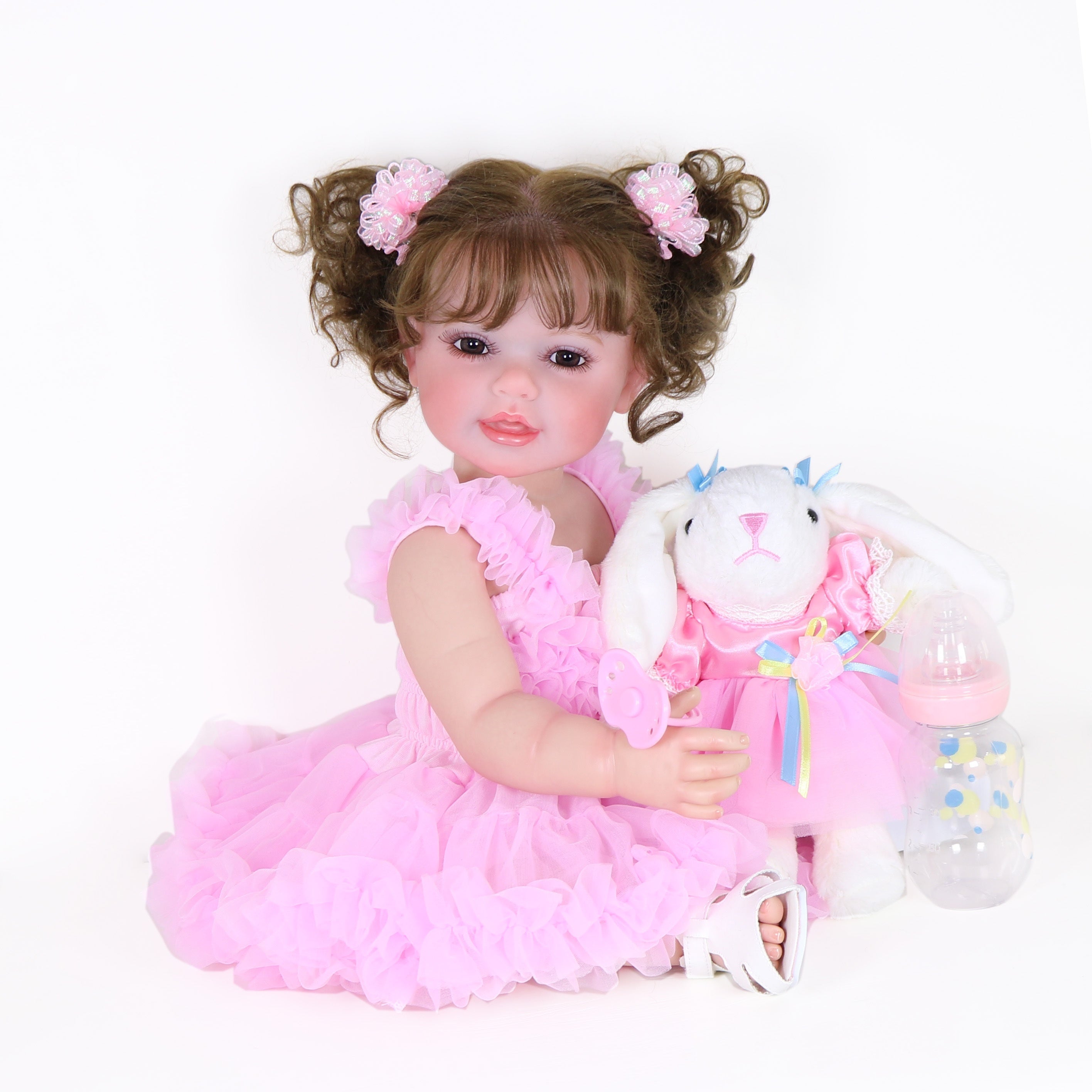Poupée Reborn de 22 pouces - Mouvement joyeux avec un visage peint 3D, un corps en vinyle souple et des cheveux racinés, accompagné d'un petit lapin en peluche, parfait pour des cadeaux de Noël, d'Halloween ou de Thanksgiving.