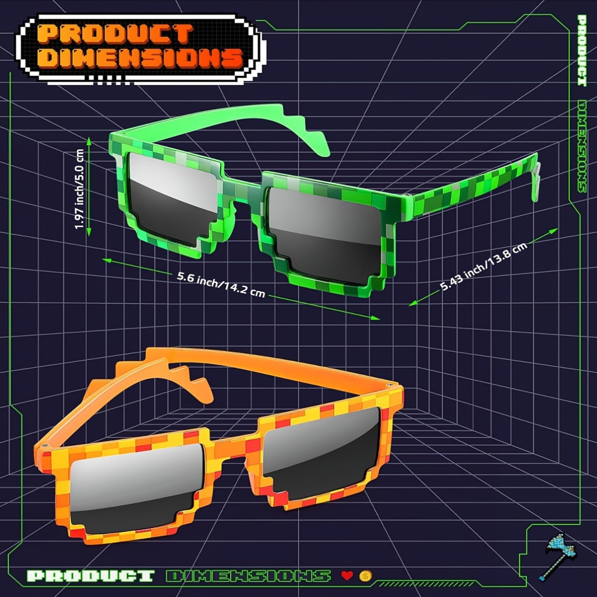 6pcs Lunettes Pixel Colorées - Accessoires de Fête à Thème Mineur & Accessoires pour Photomaton pour Anniversaires et Soirées Gaming - Montures en Plastique Durables en Vert, Bleu, Jaune, Violet, Orange
