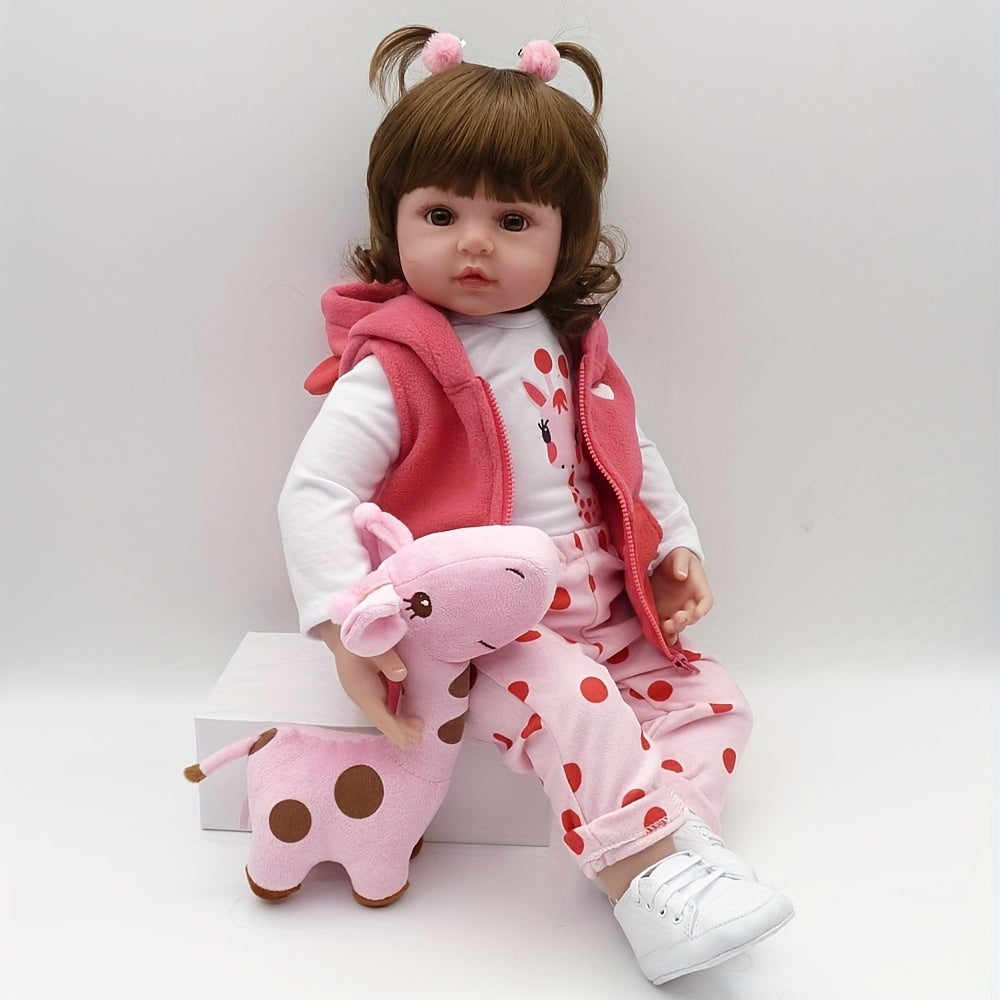 Poupée Reborn en Vinyle Souple de 19 Pouces\u002F 48cm, Jolie Bébé Fille avec Perruque et Vêtements Roses, Cadeau pour Halloween\u002F Thanksgiving\u002F Noël