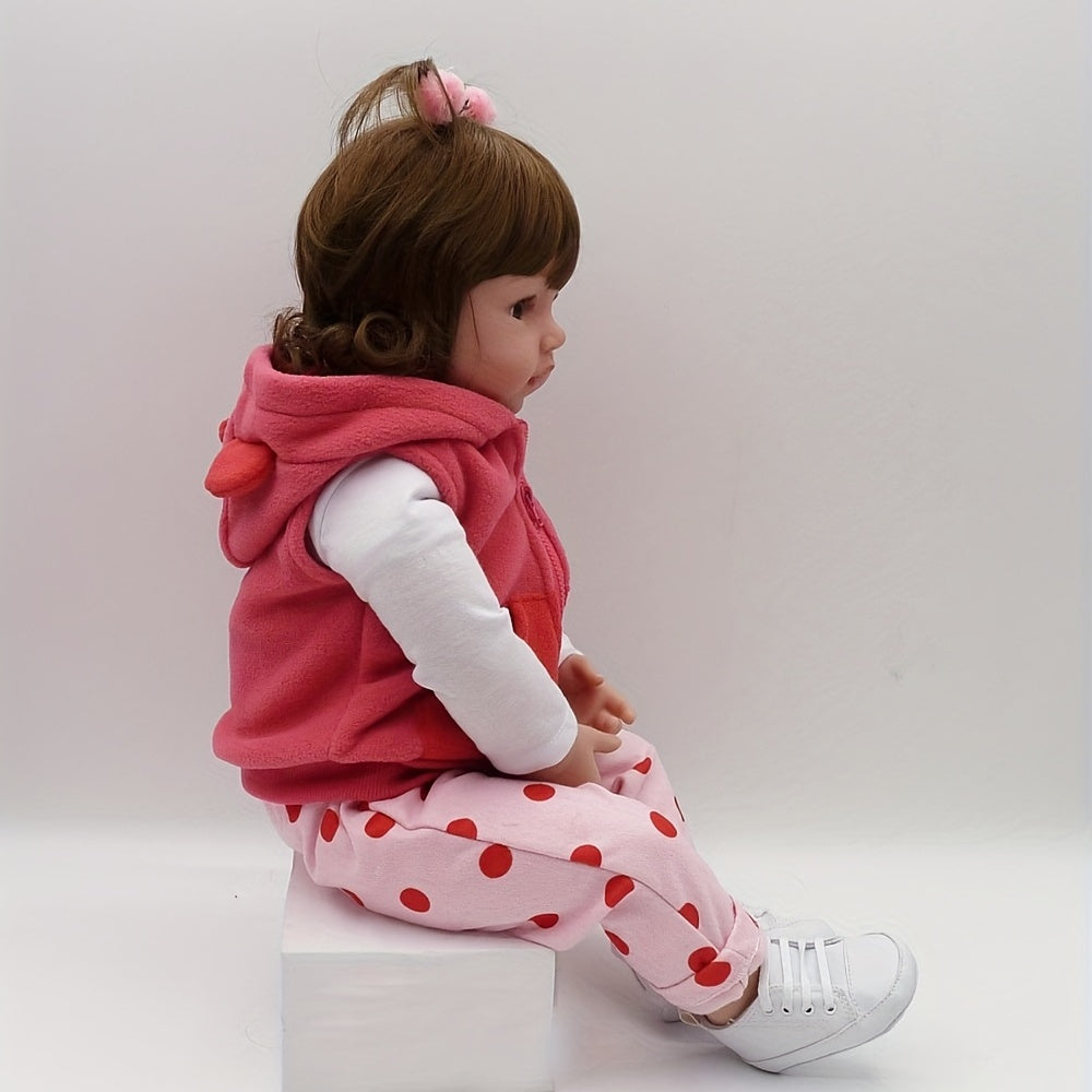 Poupée Reborn en Vinyle Souple de 19 Pouces\u002F 48cm, Jolie Bébé Fille avec Perruque et Vêtements Roses, Cadeau pour Halloween\u002F Thanksgiving\u002F Noël