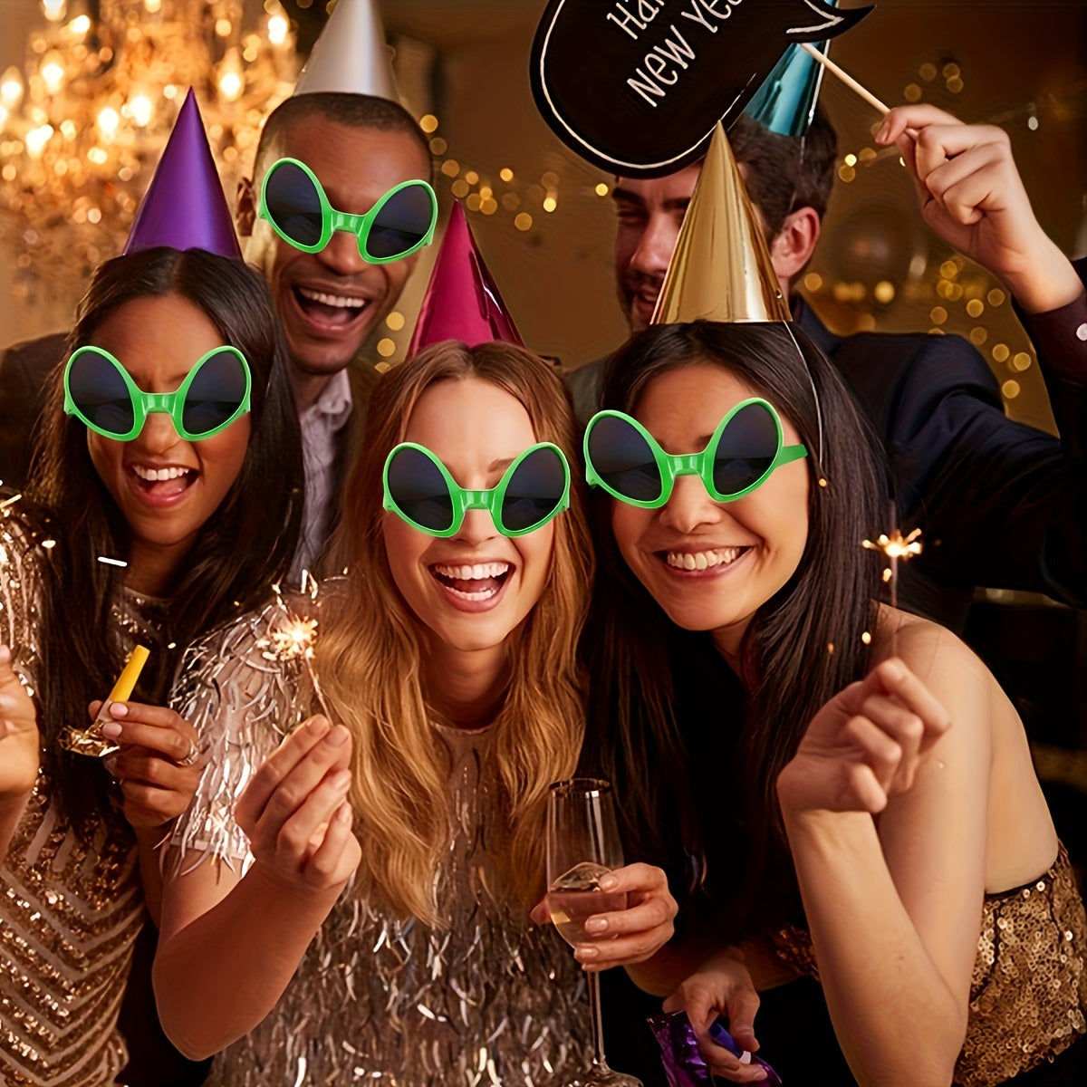 10pcs Alien Eyewear - Lunettes vertes en polycarbonate avec verres noirs, accessoires amusants pour costumes pour anniversaires et fêtes, accessoires décoratifs unisexe, accessoire de fête | Design futuriste | Lunettes durables