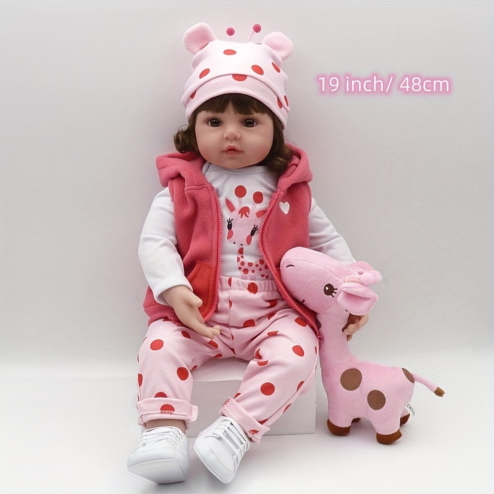 Poupée Reborn en Vinyle Souple de 19 Pouces\u002F 48cm, Jolie Bébé Fille avec Perruque et Vêtements Roses, Cadeau pour Halloween\u002F Thanksgiving\u002F Noël
