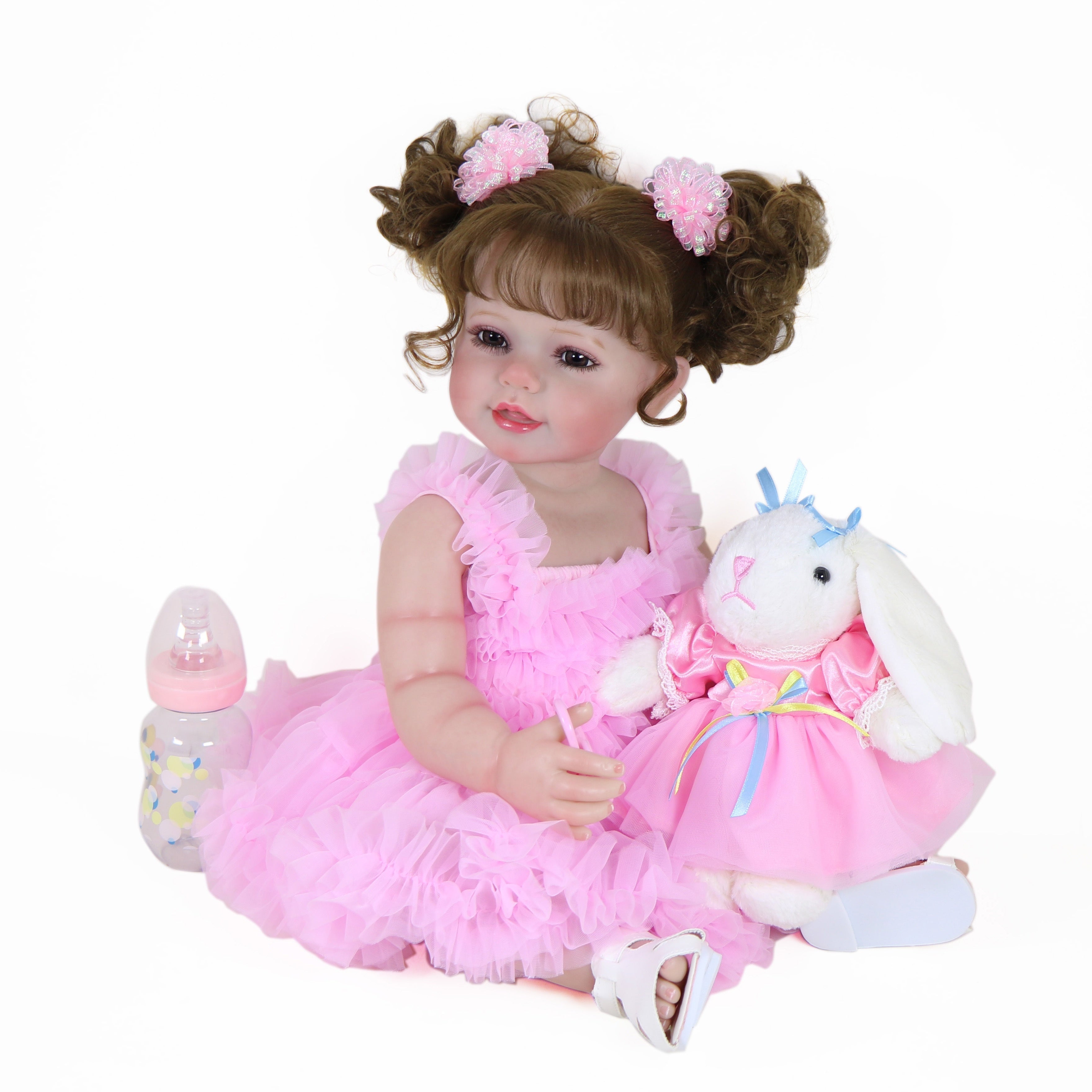 Poupée Reborn de 22 pouces - Mouvement joyeux avec un visage peint 3D, un corps en vinyle souple et des cheveux racinés, accompagné d'un petit lapin en peluche, parfait pour des cadeaux de Noël, d'Halloween ou de Thanksgiving.