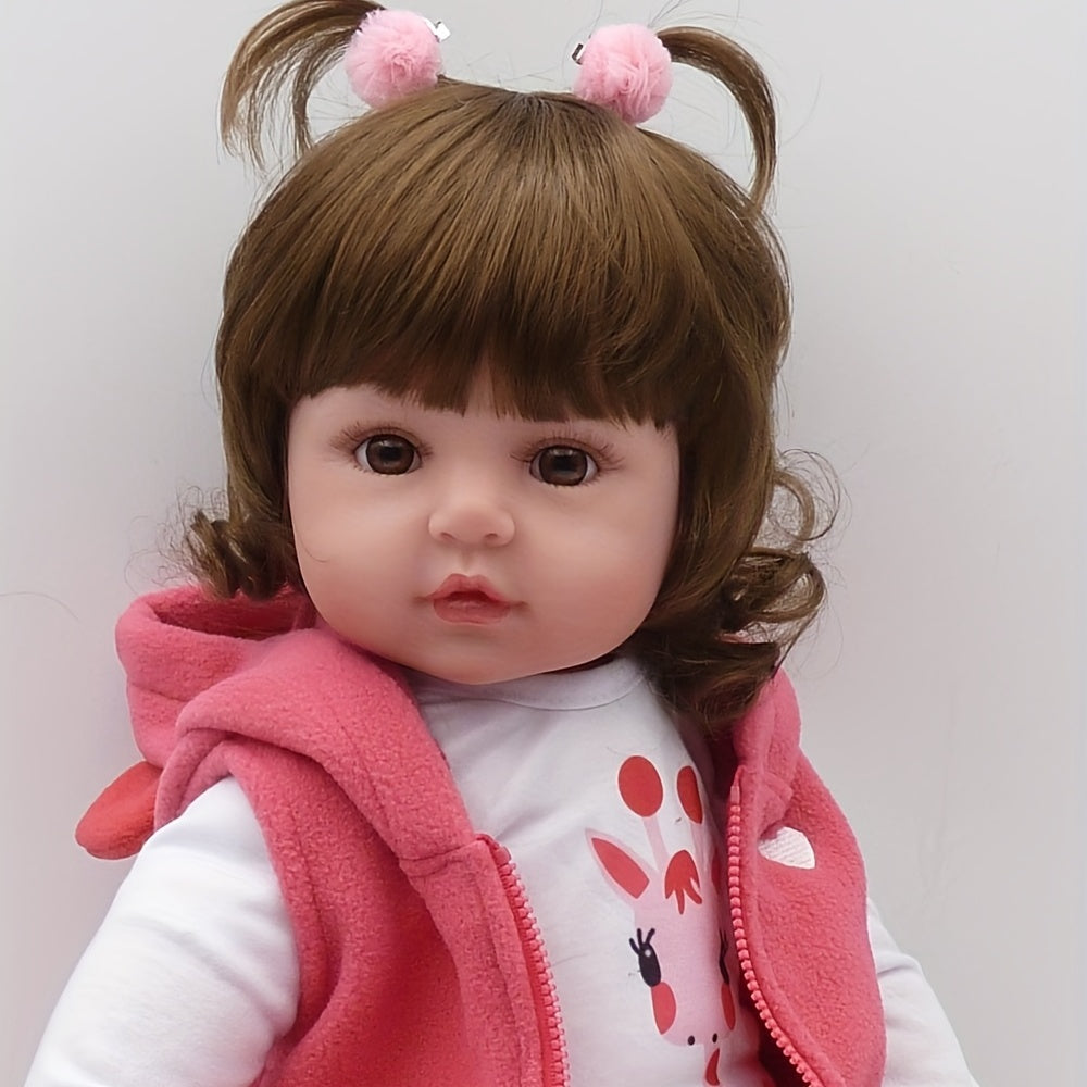 Poupée Reborn en Vinyle Souple de 19 Pouces\u002F 48cm, Jolie Bébé Fille avec Perruque et Vêtements Roses, Cadeau pour Halloween\u002F Thanksgiving\u002F Noël