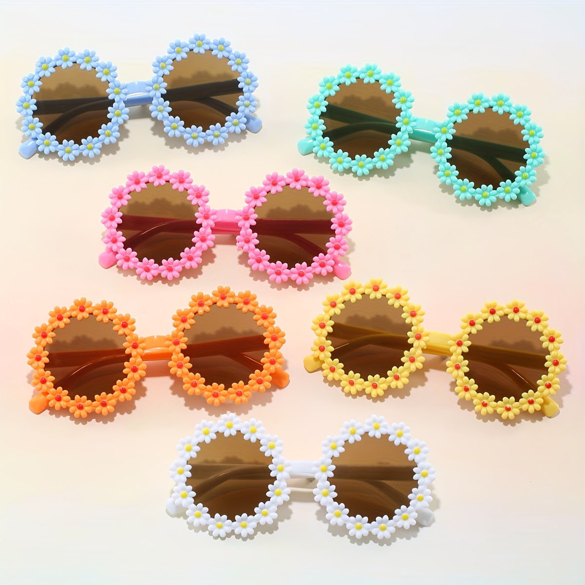 6 paires de lunettes déco mignonnes en forme de tournesol pour enfants unisexes, lunettes rondes en plastique avec verres AC, pour fêtes, remise de diplôme et anniversaire