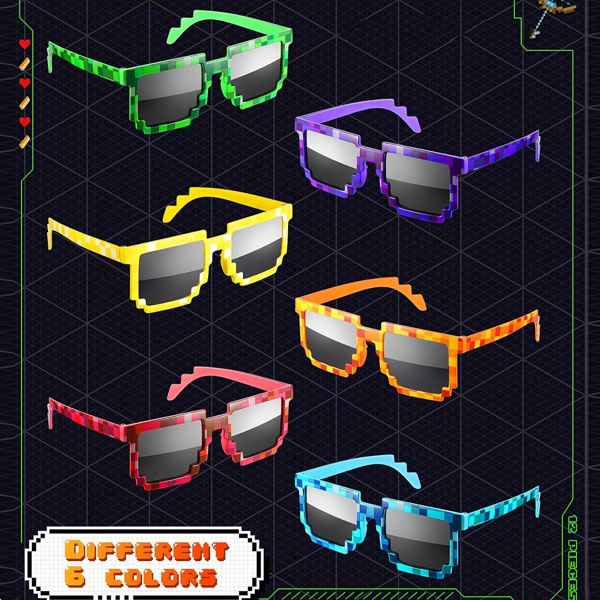 6pcs Lunettes Pixel Colorées - Accessoires de Fête à Thème Mineur & Accessoires pour Photomaton pour Anniversaires et Soirées Gaming - Montures en Plastique Durables en Vert, Bleu, Jaune, Violet, Orange