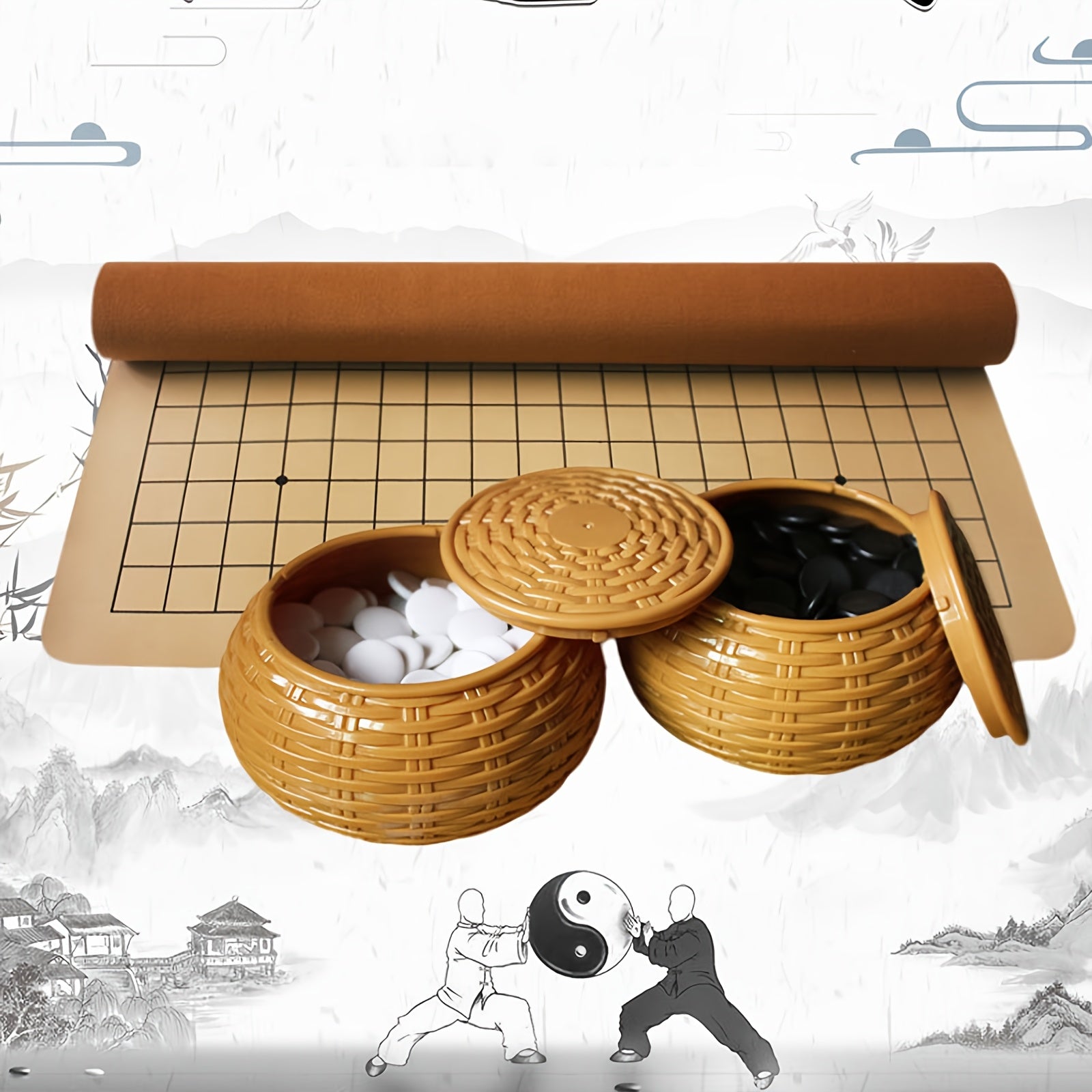 Ensemble de jeu de Go, comprenant un plateau en simili cuir, des pierres de jade imitation et deux conteneurs en résine - un ensemble de jeu de plateau stratégique, parfait pour les fêtes et les activités en plein air.