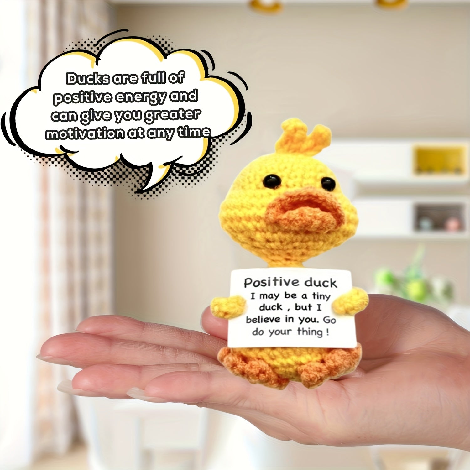 Jouet Canard Crochet Joyeux avec Carte Inspirante - Poupée en Laine Tricotée à la Mode Mignonne pour Émotions Positives, Parfaite pour Cadeaux de Noël et d'Anniversaire, Décorations de Fête