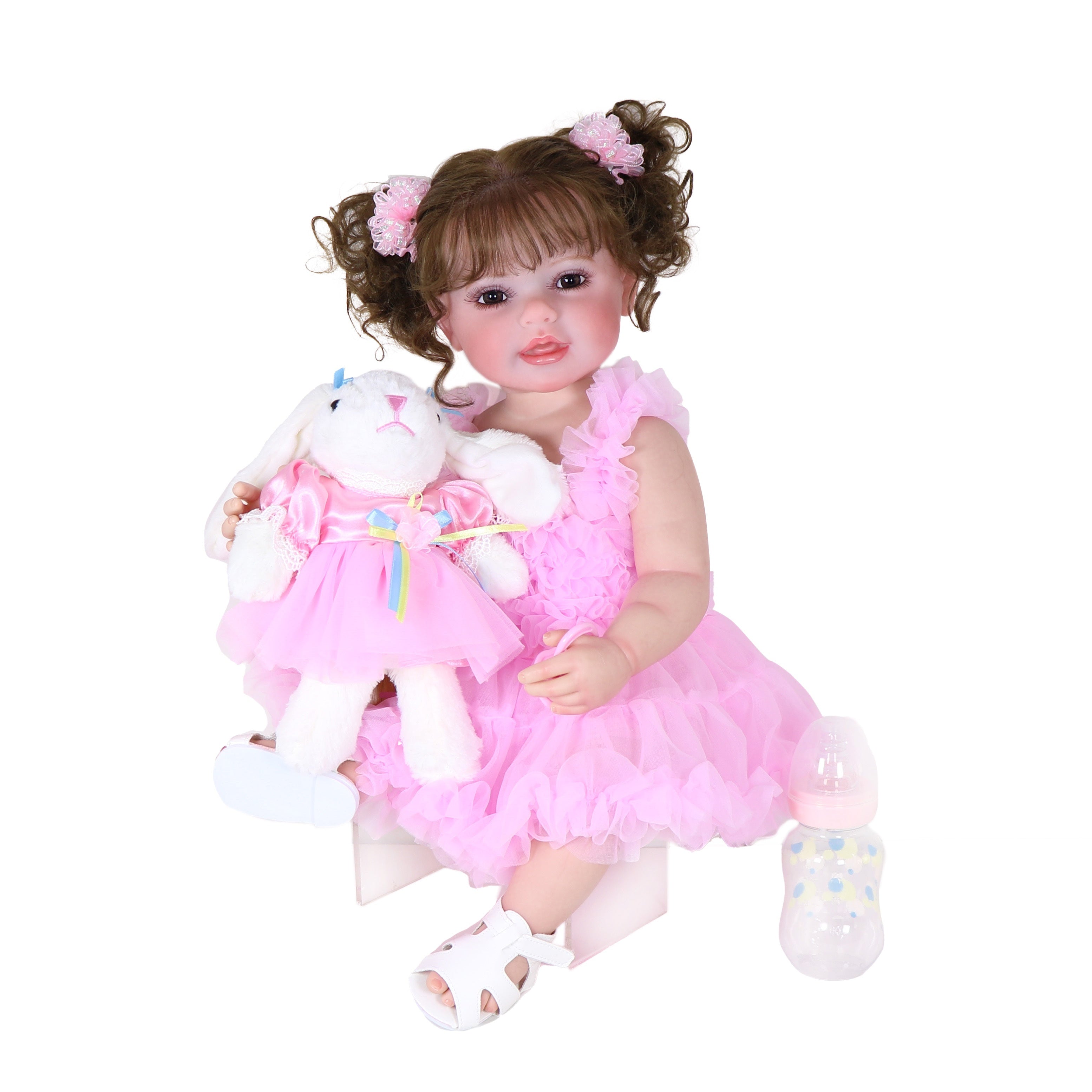 Poupée Reborn de 22 pouces - Mouvement joyeux avec un visage peint 3D, un corps en vinyle souple et des cheveux racinés, accompagné d'un petit lapin en peluche, parfait pour des cadeaux de Noël, d'Halloween ou de Thanksgiving.