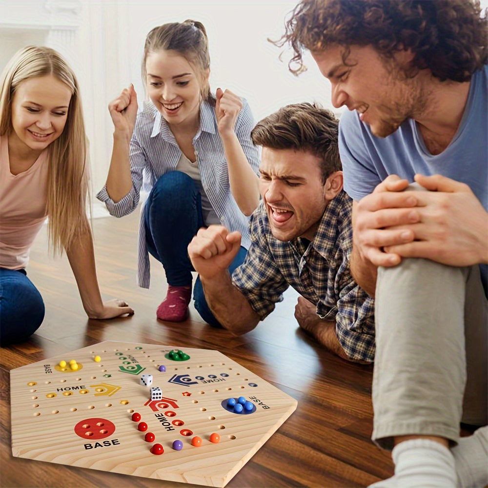 Jeu d'Échecs en Bois 1 pièce, Peint à Double Face pour 2-6 Joueurs avec Échecs Volants et 24 Billes de 6 Couleurs + 6 Dés, Adapté aux Fêtes, Adultes, Famille & Amis