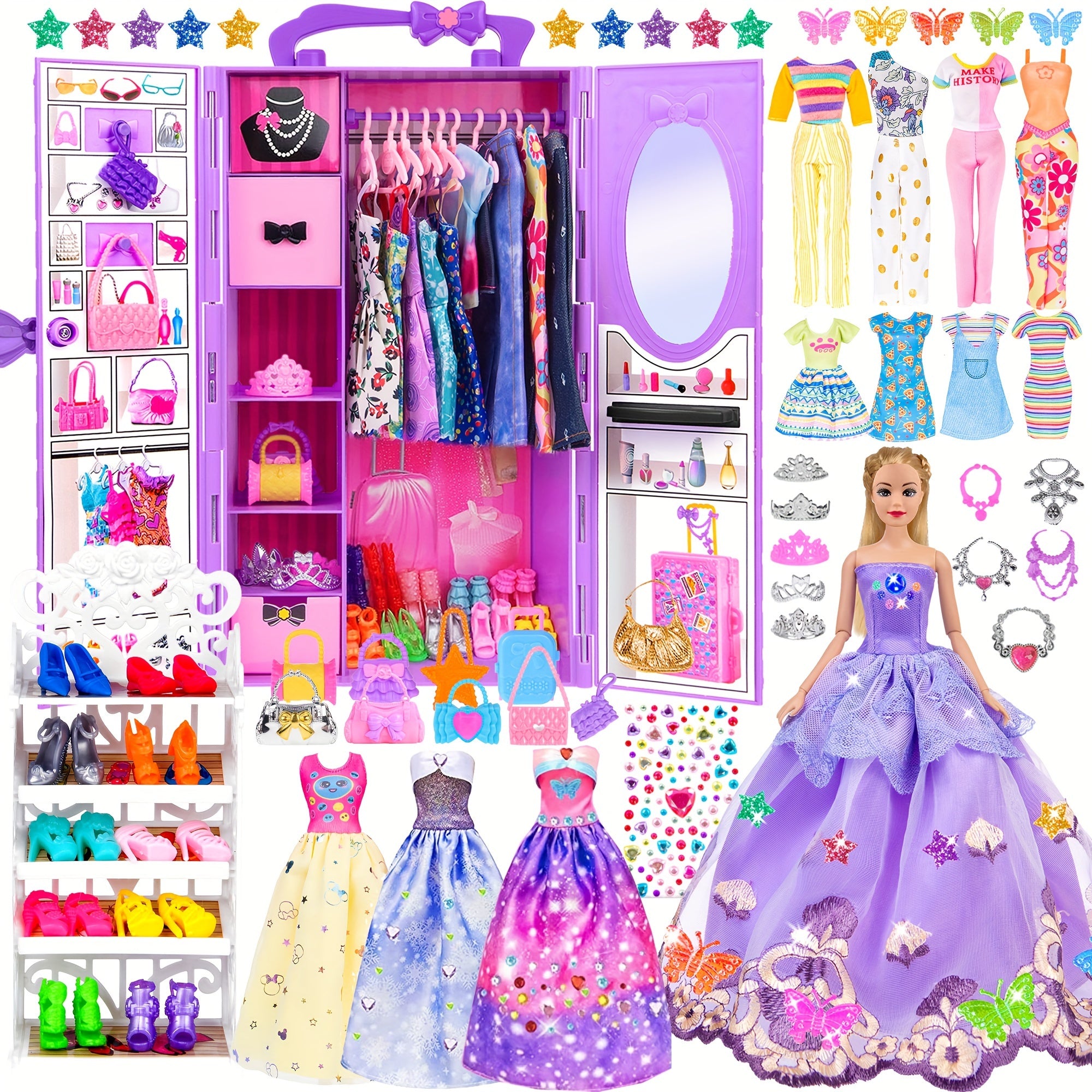 91 pièces de mode pour poupée de 11.5 pouces avec accessoires et placard, robes de princesse, robes à la mode, tenues, maillots de bain, chaussures, cintres, jouets d'habillage de poupée pour filles enfants tout-petits cadeaux de jouets