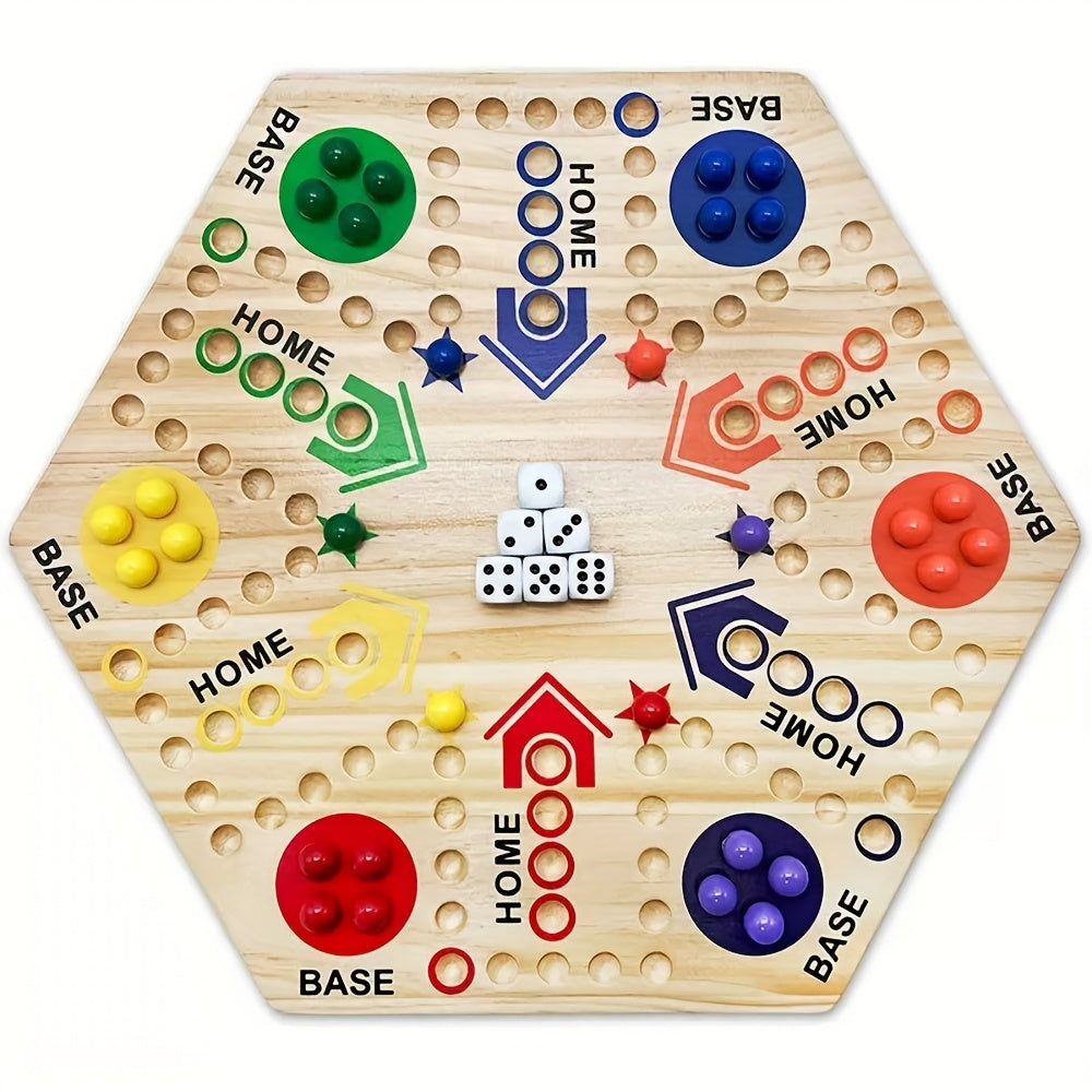 Un Jeu de Société en Bois de Haute Qualité à Double Face, Échiquier Volant pour Fête, pour 4-6 Joueurs, avec 6 Couleurs 24 Billes + 6 Dés, le Meilleur Choix pour les Passionnés de Jeux
