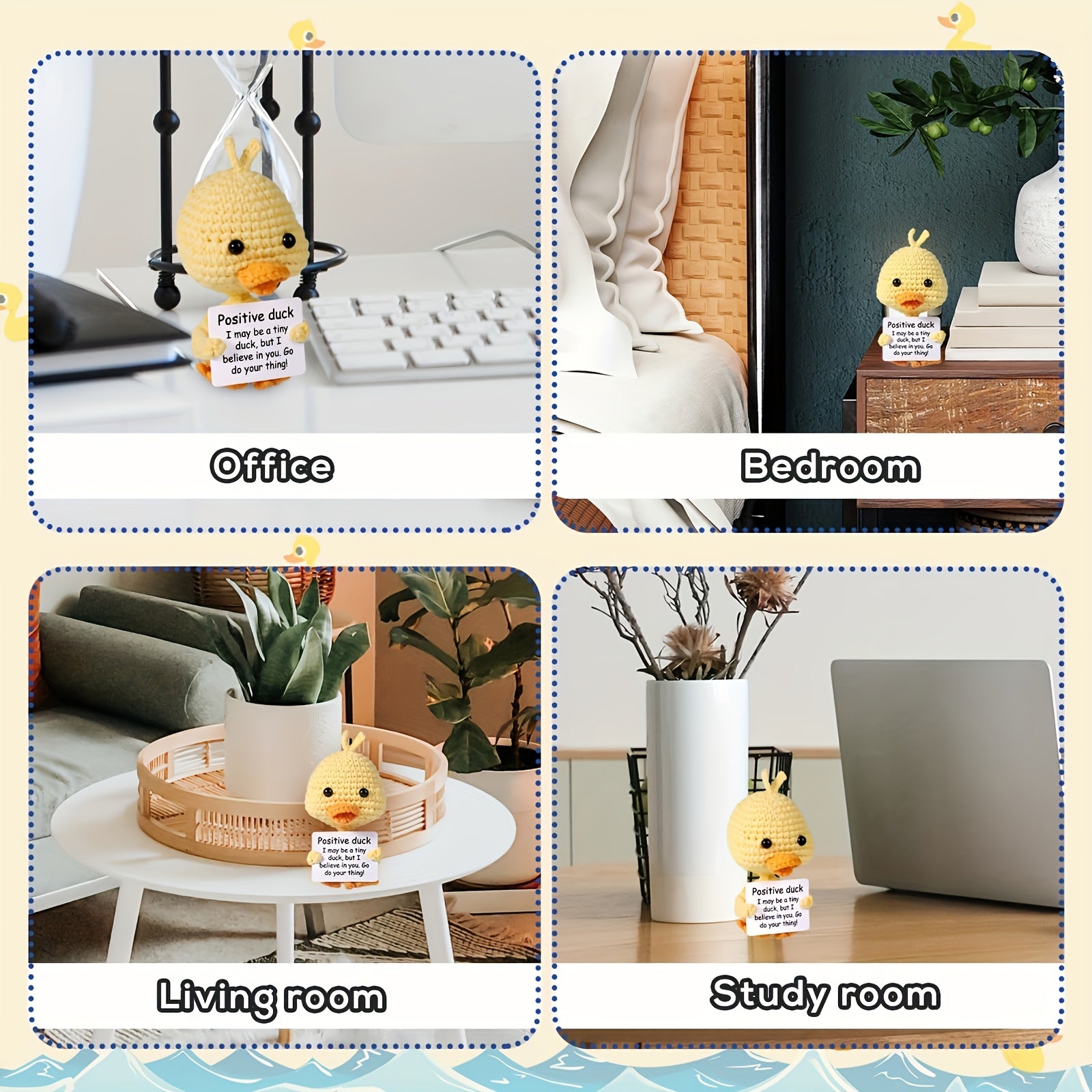 Jouet Canard Crochet Joyeux avec Carte Inspirante - Poupée en Laine Tricotée à la Mode Mignonne pour Émotions Positives, Parfaite pour Cadeaux de Noël et d'Anniversaire, Décorations de Fête