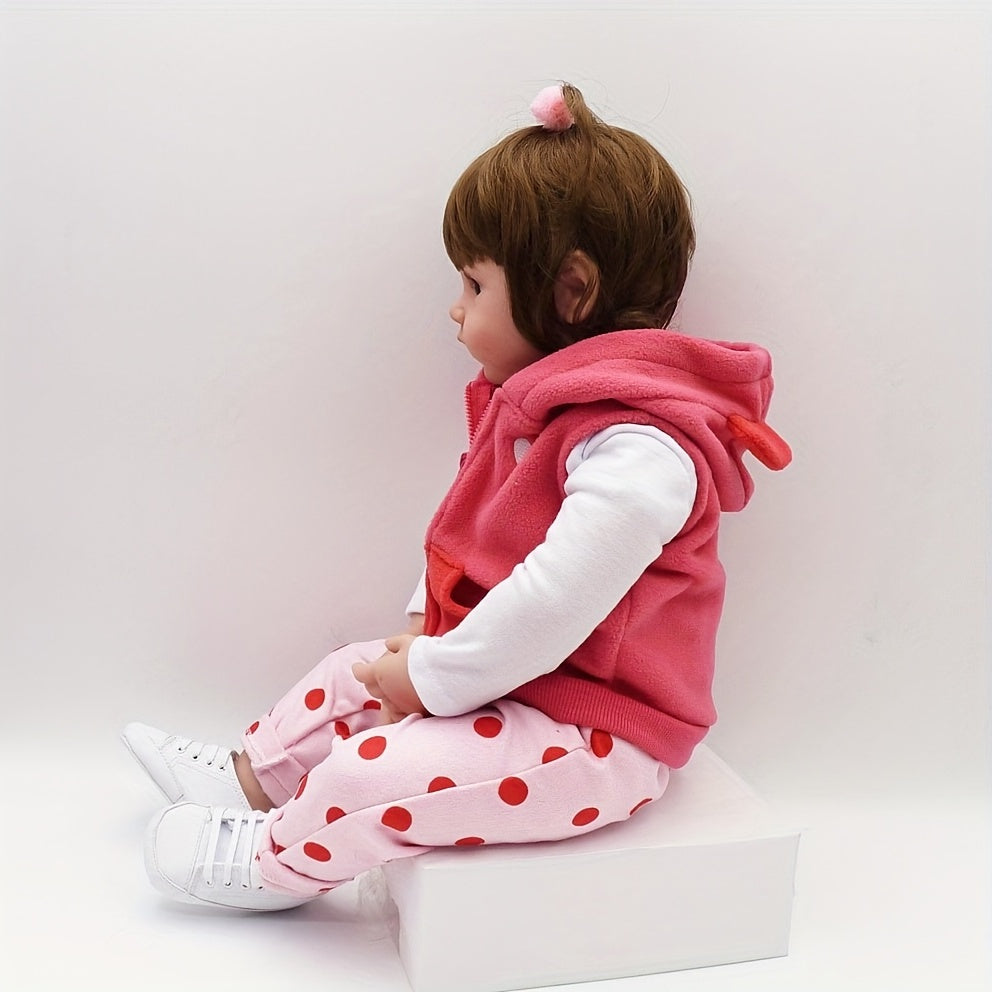 Poupée Reborn en Vinyle Souple de 19 Pouces\u002F 48cm, Jolie Bébé Fille avec Perruque et Vêtements Roses, Cadeau pour Halloween\u002F Thanksgiving\u002F Noël